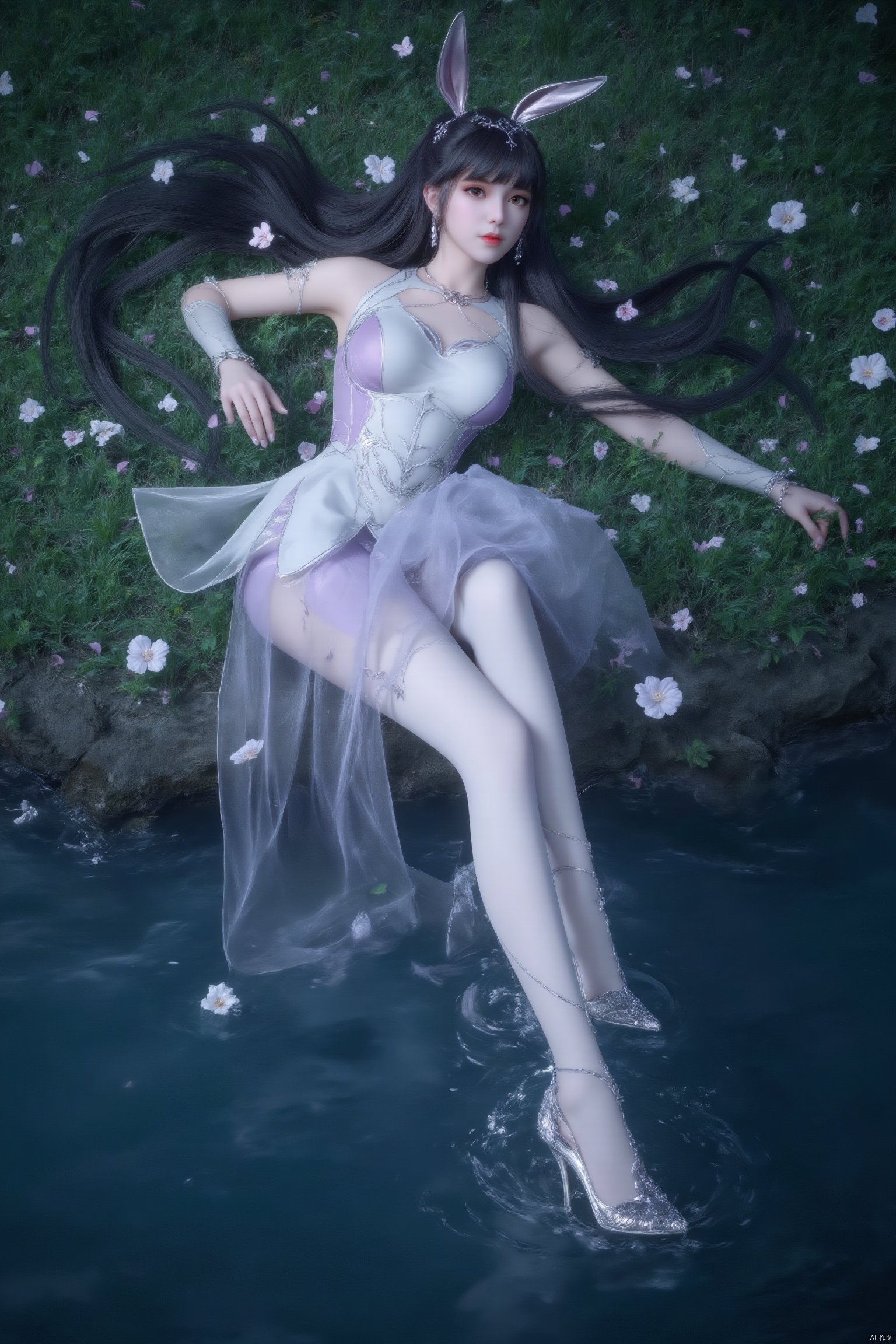 A serene 8K photo of a lonely girl (GG) lying on a lush green field, her long black hair cascading down her back like a waterfall. A delicate hair ornament adorns her hair, an elegant white apron embraces her slim figure, waist, apron, surrounded by petals and branches, makeup, eye shadow, red lips, a small butterfly perches on the edge of the earrings. Added a whimsical atmosphere. Wildflowers, butterflies, petals,1girl, solo, long hair, hair ornament, full body, flower, purple dress, high heels, legs, bare legs, xwhd,Depth of Field, Waterfall, Stream,White pantyhose, crystal shoes,french manicure,nail polish,make up, perspective, delicate face, pink eye shadow,rabbit ears,spread legs,lying on the water,water mist, light, and the Tyndall effect,night,moonlight,reflection,floodlight
