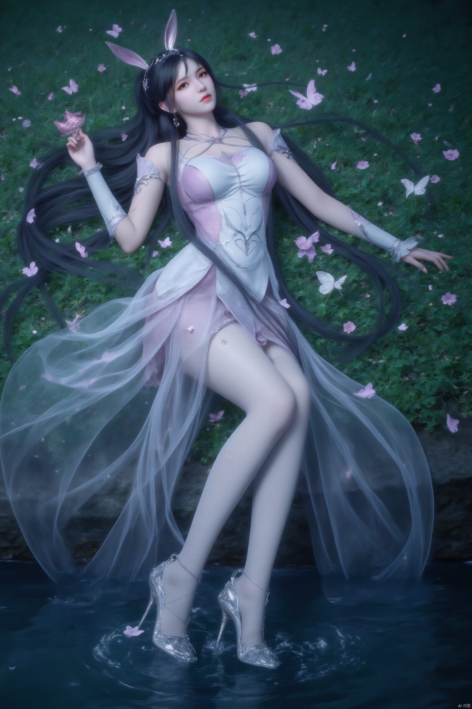 A serene 8K photo of a lonely girl (GG) lying on a lush green field, her long black hair cascading down her back like a waterfall. A delicate hair ornament adorns her hair, an elegant white apron embraces her slim figure, waist, apron, surrounded by petals and branches, makeup, eye shadow, red lips, a small butterfly perches on the edge of the earrings. Added a whimsical atmosphere. Wildflowers, butterflies, petals,1girl, solo, long hair, hair ornament, full body, flower, pink dress, high heels,legs, xwhd,Depth of Field, Waterfall, Stream,White pantyhose, crystal shoes,french manicure,nail polish,make up, perspective, delicate face, pink eye shadow,rabbit ears,spread legs,lying on the water,water mist, light, and the Tyndall effect,night,moonlight,reflection,floodlight
