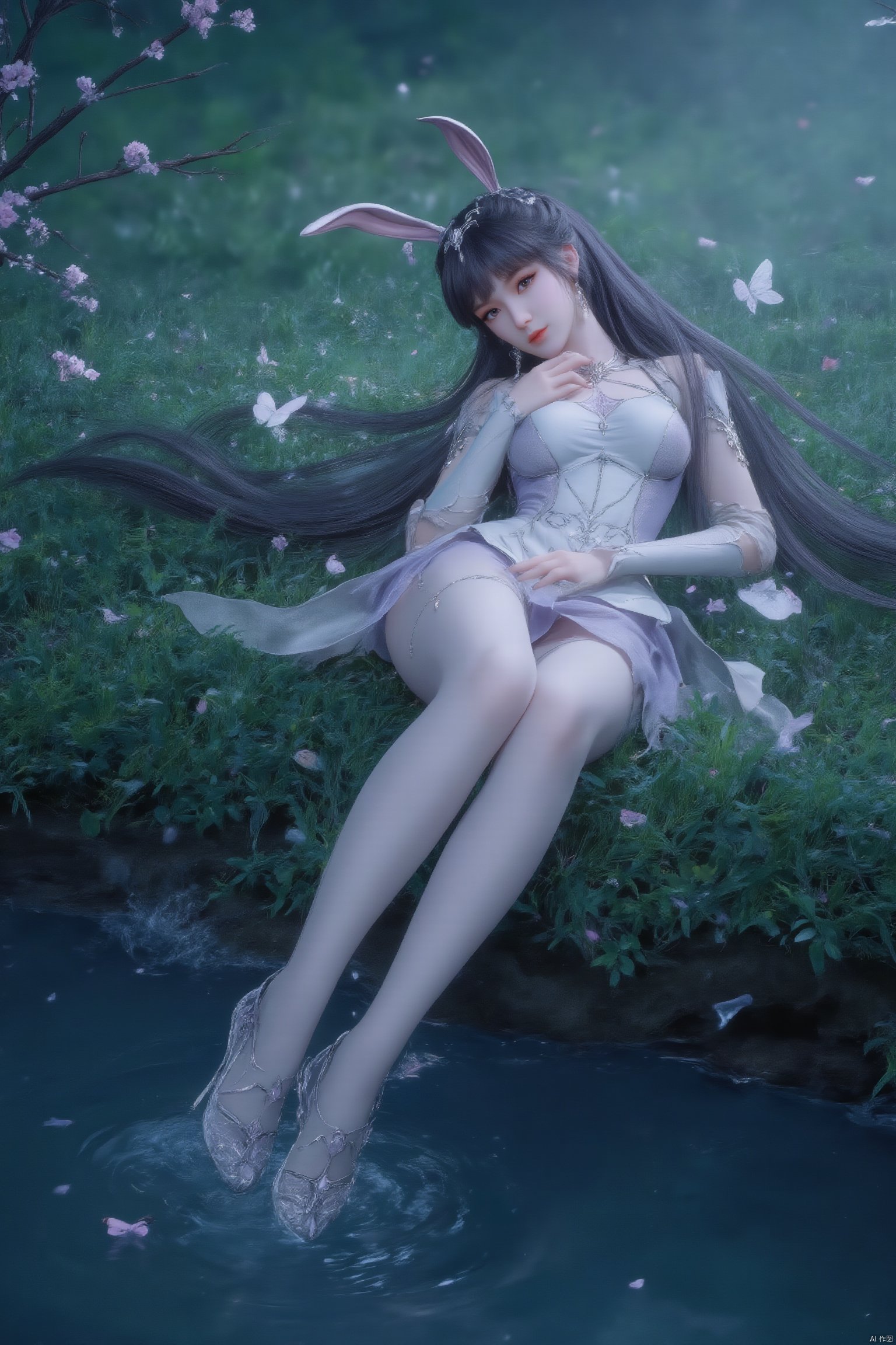 A serene 8K photo of a lonely girl (GG) lying on a lush green field, her long black hair cascading down her back like a waterfall. A delicate hair ornament adorns her hair, an elegant white apron embraces her slim figure, waist, apron, surrounded by petals and branches, makeup, eye shadow, red lips, a small butterfly perches on the edge of the earrings. Added a whimsical atmosphere. Wildflowers, butterflies, petals,1girl, solo, long hair, hair ornament, full body, flower, purple dress, high heels, legs, bare legs, xwhd,Depth of Field, Waterfall, Stream,White pantyhose, crystal shoes,french manicure,nail polish,make up, perspective, delicate face, pink eye shadow,rabbit ears,spread legs,lying on the water,water mist, light, and the Tyndall effect,night,moonlight,reflection,floodlight
