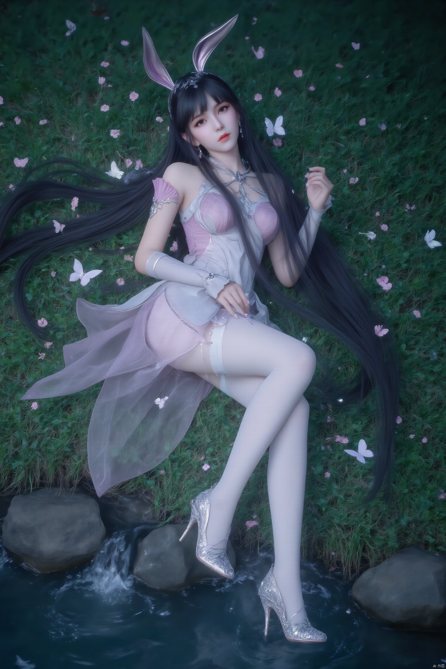 A serene 8K photo of a lonely girl (GG) lying on a lush green field, her long black hair cascading down her back like a waterfall. A delicate hair ornament adorns her hair, an elegant white apron embraces her slim figure, waist, apron, surrounded by petals and branches, makeup, eye shadow, red lips, a small butterfly perches on the edge of the earrings. Added a whimsical atmosphere. Wildflowers, butterflies, petals,1girl, solo, long hair, hair ornament, full body, flower, pink dress, high heels,legs, xwhd,Depth of Field, Waterfall, Stream,White pantyhose, crystal shoes,french manicure,nail polish,make up, perspective, delicate face, pink eye shadow,rabbit ears,spread legs,lying on the water,water mist, light, and the Tyndall effect,night,moonlight,reflection,floodlight
