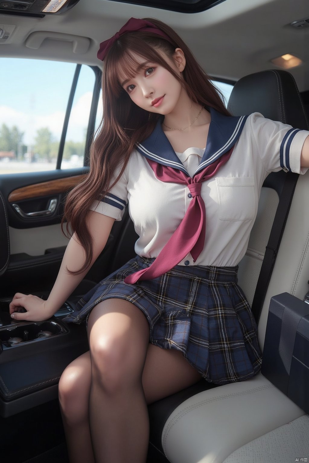 masterpiece,best quality,stunning details,realistic,1girl,idol,long hair,(high detail fair skin),big breasts,school uniform,plaid skirt,(shiny pantyhose),upper body,inside luxury car,sitting,