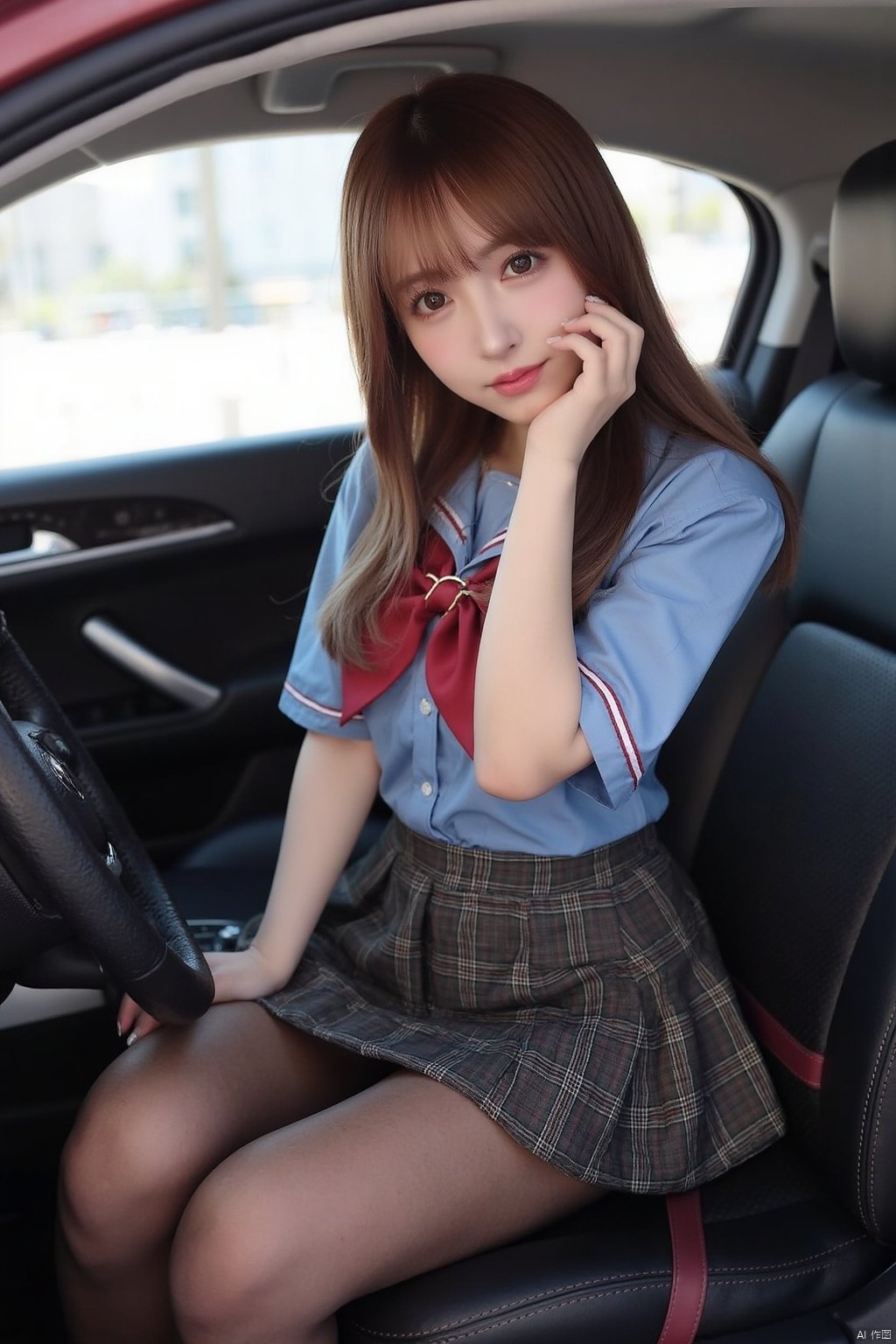 masterpiece,best quality,stunning details,realistic,1girl,idol,long hair,(high detail fair skin),big breasts,school uniform,plaid skirt,(shiny pantyhose),upper body,inside luxury car,sitting,