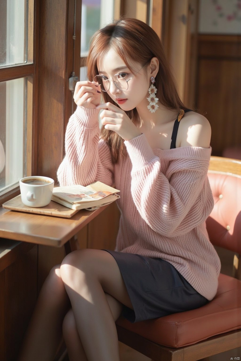 Masterpiece, best quality, amazing details, photo realistic, 1girl, idol, glasses, earrings, long hair, (fair skin with high details), big breasts, off-shoulder sweater, pencil skirt, panties, (shiny pantyhose), long legs, high heels, full body, sitting, cafe, coffee, cake, flowers, book,