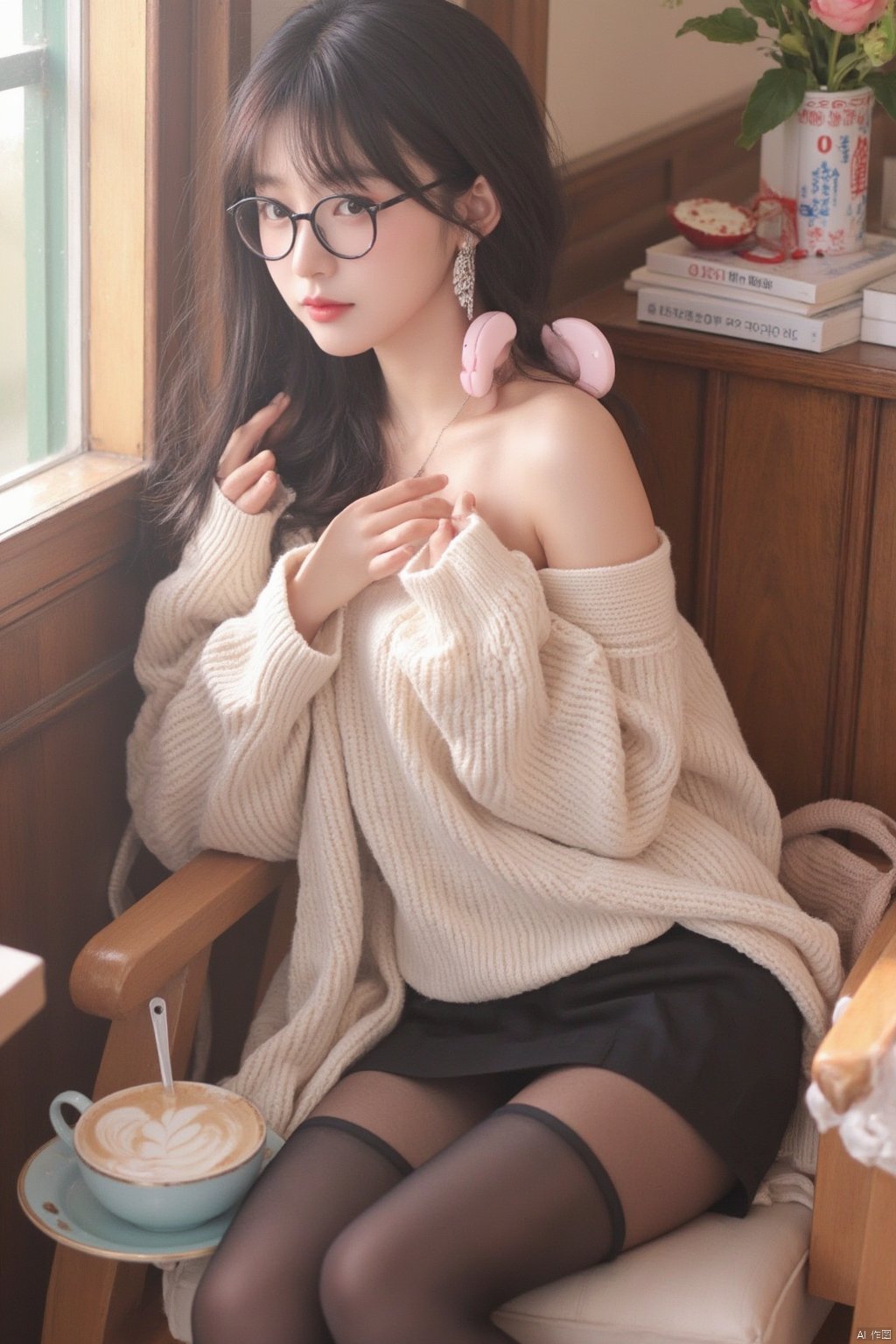 Masterpiece, best quality, amazing details, photo realistic, 1girl, idol, glasses, earrings, long hair, (fair skin with high details), big breasts, off-shoulder sweater, pencil skirt, panties, (shiny pantyhose), long legs, high heels, full body, sitting, cafe, coffee, cake, flowers, book,