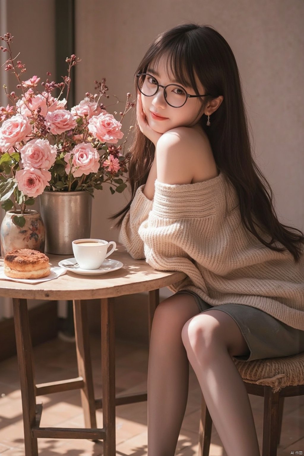 Masterpiece, best quality, amazing details, photo realistic, 1girl, idol, glasses, earrings, long hair, (fair skin with high details), big breasts, off-shoulder sweater, pencil skirt, panties, (shiny pantyhose), long legs, high heels, full body, sitting, cafe, coffee, cake, flowers, book,