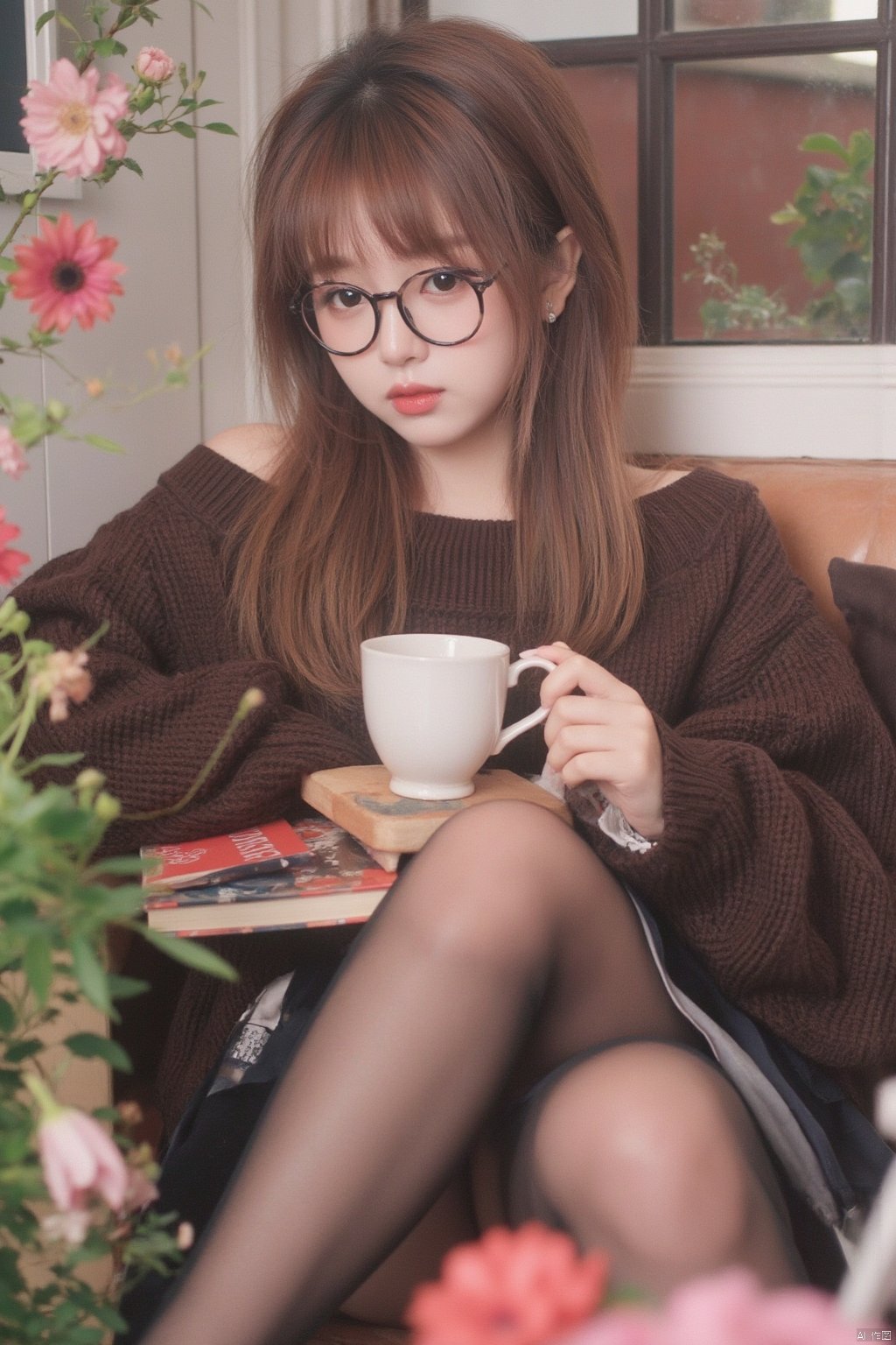 Masterpiece, best quality, amazing details, photo realistic, 1girl, idol, glasses, earrings, long hair, (fair skin with high details), big breasts, off-shoulder sweater, pencil skirt, panties, (shiny pantyhose), long legs, high heels, full body, sitting, cafe, coffee, cake, flowers, book,