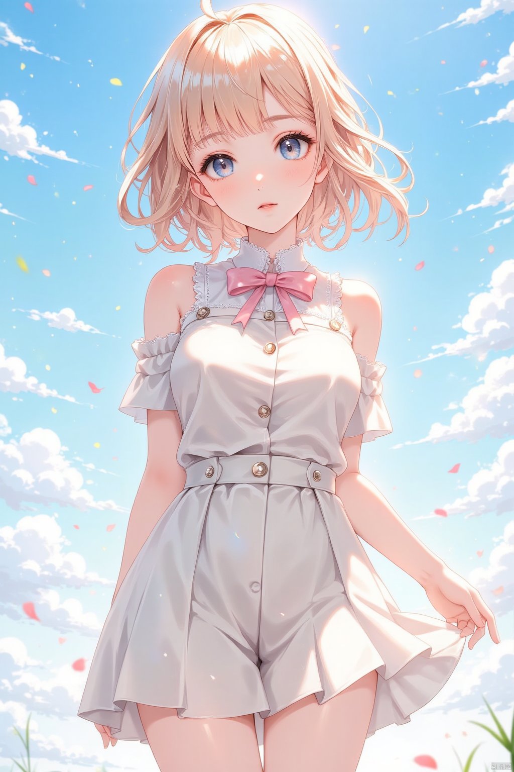 (((masterpiece))), (((best quality))), ((ultradetailed)), (illustration), (1 girl), (solo), ((an extremely delicate and beautiful)), little girl, ((beautiful detailed sky)), beautiful detailed eyes, side blunt bangs, hairs between eyes, ribbons, bowties, buttons, bare shoulders, (small breast), blank stare, pleated skirt, close to viewer, ((breeze)), Flying splashes,  Flying petals, wind