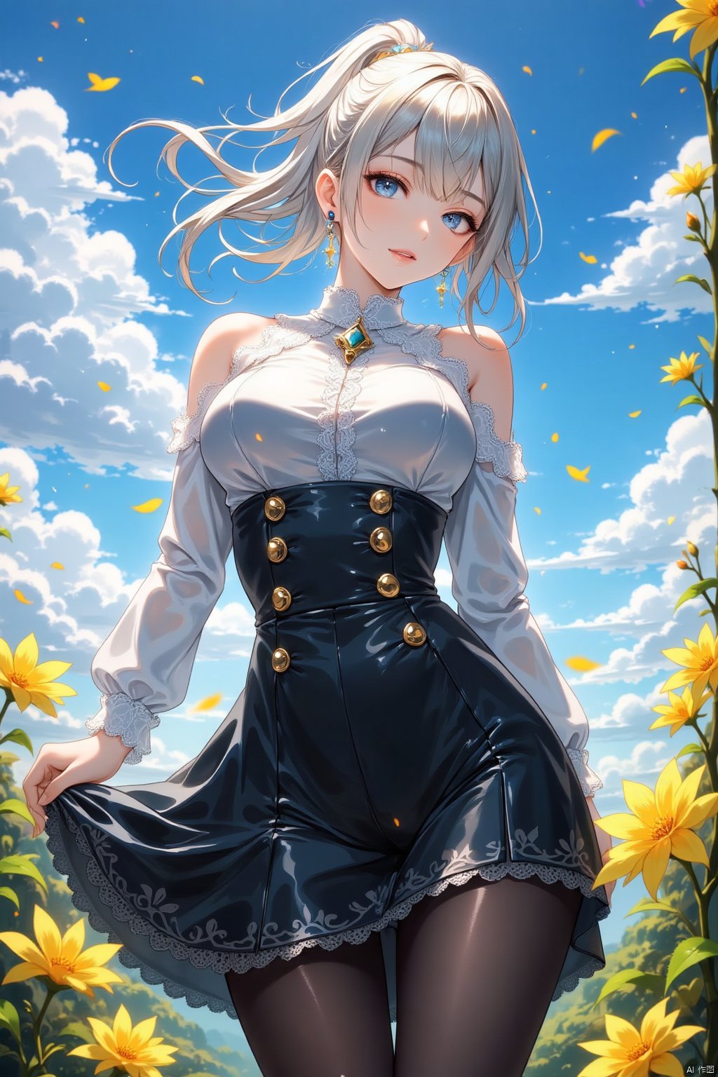 ((Black Pantyhose)),realistic,shiny skin, shiny,super fine illustration,masterpiece, best quality,{beautiful detailed eyes},1girl,finely detail,Depth of field, 4k wallpaper,bluesky,cumulus,wind,insanely detailed frills,extremely detailed lace,BLUE SKY,very long hair,Slightly open mouth,high ponytail,silver hair,small Breasts,cumulonimbus capillatus,slender waist,There are many scattered luminous petals,Hidden in the light yellow flowers,Depth of field,She bowed her head in frustration,Many flying drops of water,Upper body exposed,Many scattered leaves,branch ,angle ,contour deepening,cinematic angle ,{{{Classic decorative border}}}