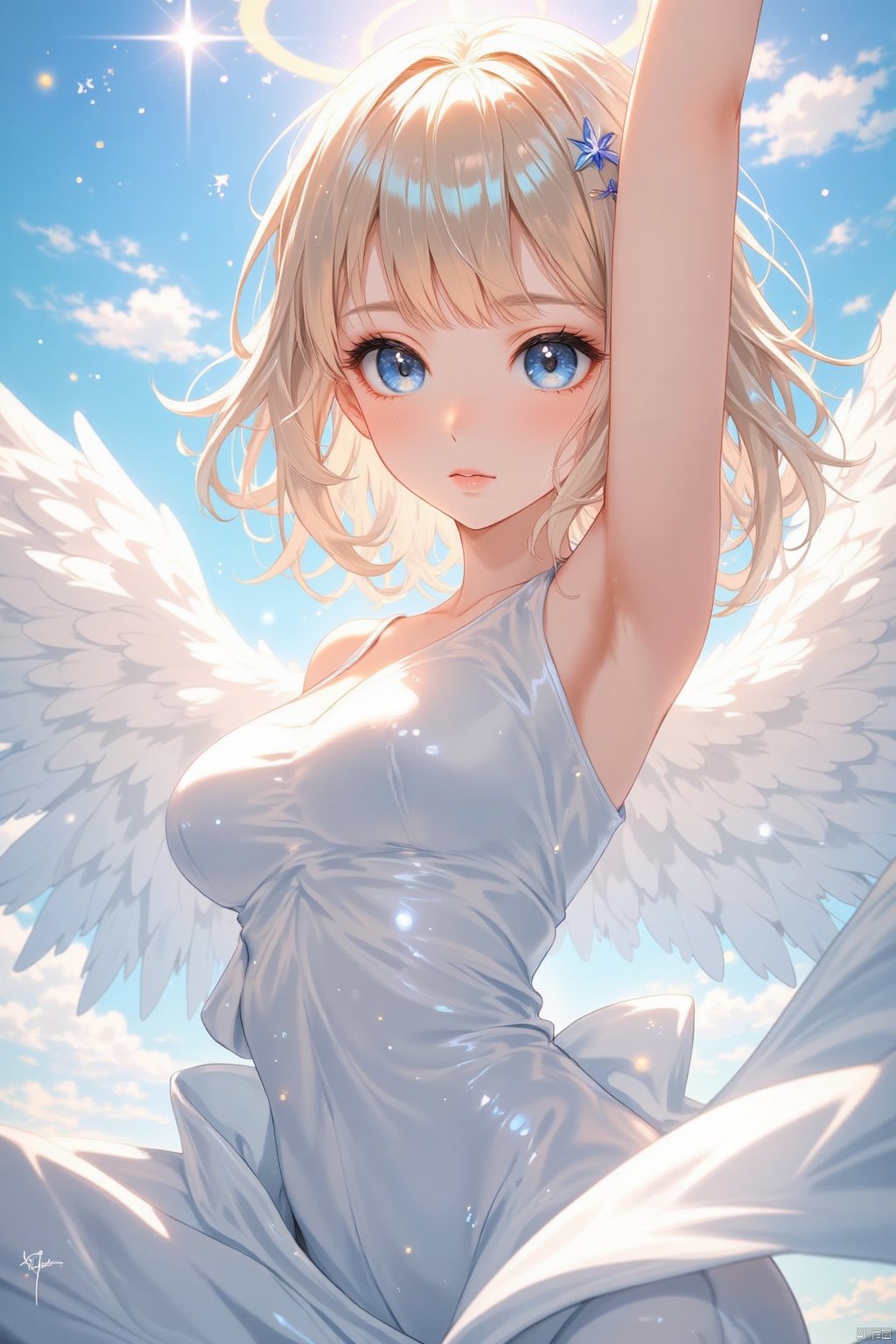 ((white stockings)),realistic,shiny skin, shiny, Shiny ,Huge breasts, (((masterpiece))), (((best quality))), ((ultra-detailed)), (illustration), (detailed light),((an extremely delicate and beautiful)),(beautiful detailed eyes), (sunlight),(angel),solo,young girls,dynamic angle,floating, bare_shoulders,looking_at_viewer ,wings ,arms_up,halo,Floating white silk,(Holy Light),just like silver stars imploding we absorb the light of day