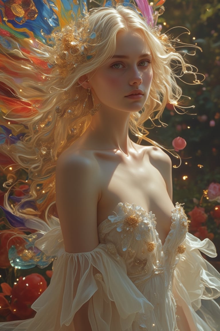 A stunning beauty woman in a Pixomeda style, vibrant and surreal. She stands gracefully, framed in a mid-shot, with soft, glowing lighting. Her pose is elegant, with flowing hair and a serene expression. The composition is balanced, with intricate details and a dreamlike atmosphere. The background is abstract and colorful, enhancing her ethereal presence.