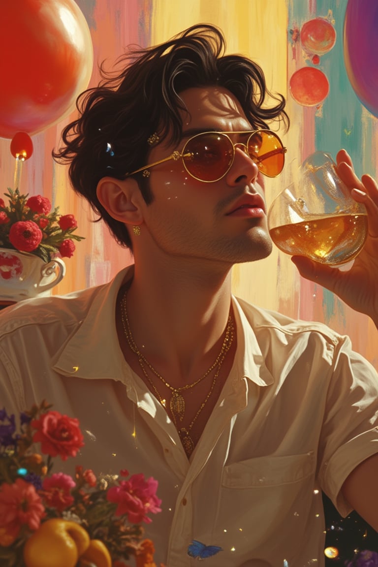 A man in a Pixomeda style, vibrant and surreal. He is framed in a mid-shot, sipping a drink with a relaxed yet focused expression. Soft, warm lighting highlights his features. His pose is casual, with one hand holding the drink, the other resting on his hip. The composition is dynamic, with abstract and colorful elements in the background, enhancing the dreamlike atmosphere.