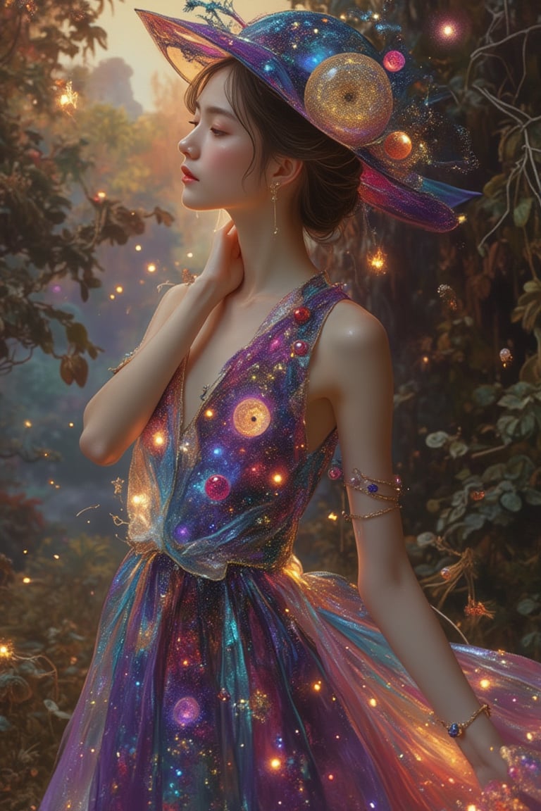 A woman in a Pixomeda style, vibrant and surreal. She is framed in a mid-shot, wearing a galaxy-themed dress that sparkles with cosmic patterns. Soft, ethereal lighting highlights her elegant pose, with a serene expression. The composition is balanced, with intricate details and a dreamlike atmosphere. The background is abstract and colorful, enhancing her otherworldly presence.