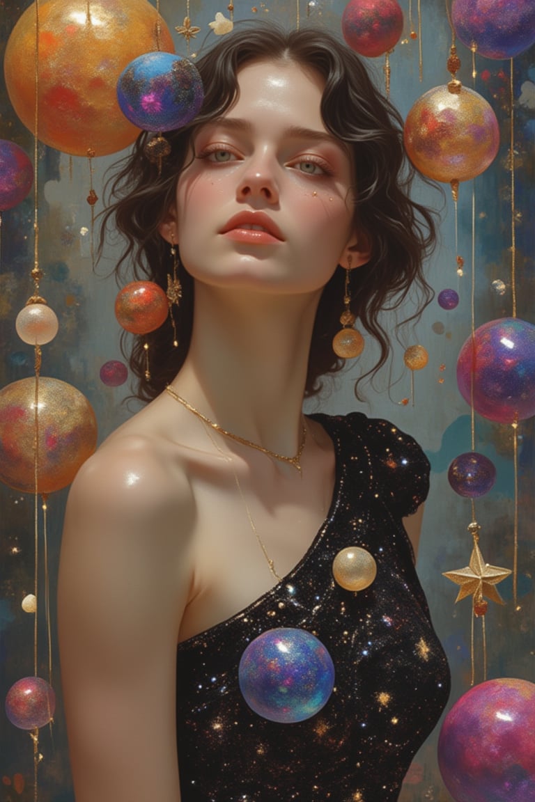 A woman in a Pixomeda style, vibrant and surreal. She is framed in a mid-shot, wearing a galaxy-themed dress that sparkles with cosmic patterns. Soft, ethereal lighting highlights her elegant pose, with a serene expression. The composition is balanced, with intricate details and a dreamlike atmosphere. The background is abstract and colorful, enhancing her otherworldly presence.