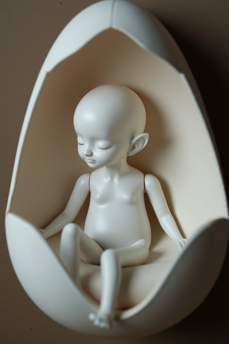 albino demon girl,lounging in an egg-shaped cradle. Her slender figure reclines comfortably within the smooth, curved interior, surrounded by the warmth and security of the eggshell. With eyes closed and a peaceful expression, she appears serene and content, her pale skin glowing softly in the gentle light. Long lashes frame her closed eyes, and her delicate features convey a sense of tranquility and beauty. Despite the unconventional setting, she exudes an aura of quiet grace and otherworldly charm,princess