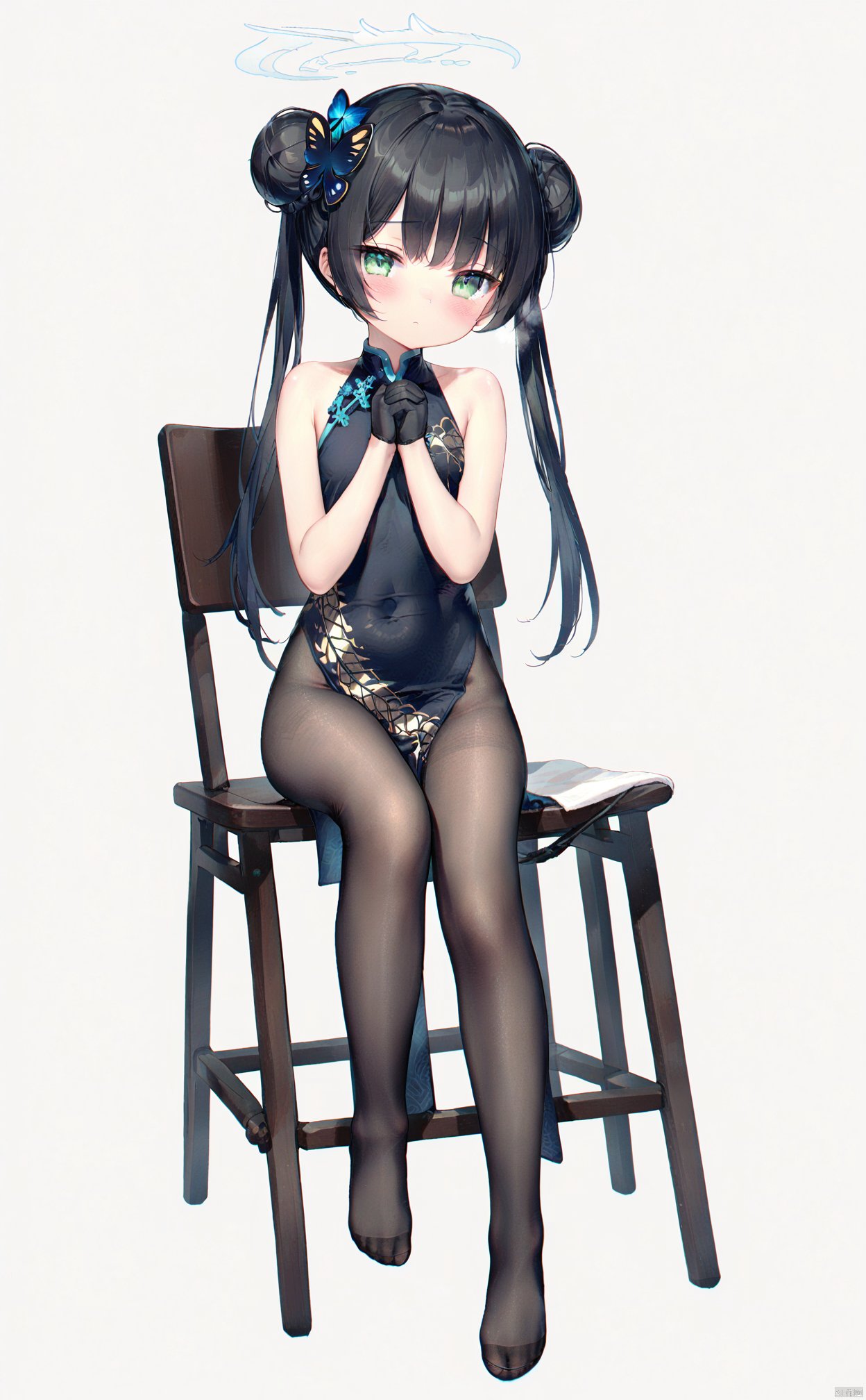 (masterpiece), (best quality), illustration, ultra detailed, hdr, depth of field, (colorful),loli,petite,cute, 1girl, solo, best quality, white background, simple background, grey background, full body, looking at viewer, blush, closed mouth, green eyes, long hair, black hair, butterfly hair ornament, twintails, bangs, double bun, side bun, china dress, black gloves, black dress, sleeveless dress, halo, bare shoulders, own hands together,Black Pantyhose,no shoes,Sitting on a chair,kisaki \(blue archive\), 