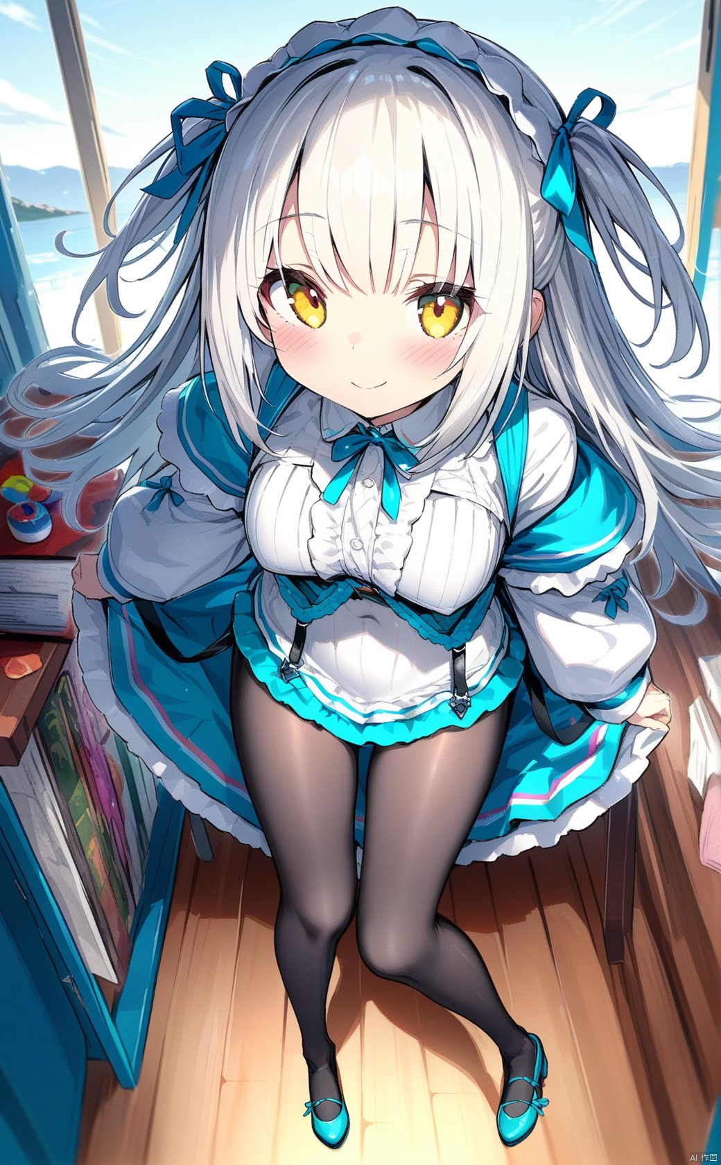 (masterpiece),(best quality),illustration,ultra detailed,hdr,Depth of field,(colorful),1girl, solo, looking at viewer, blush, smile, long hair,loli,pantyhose,full body,white hair