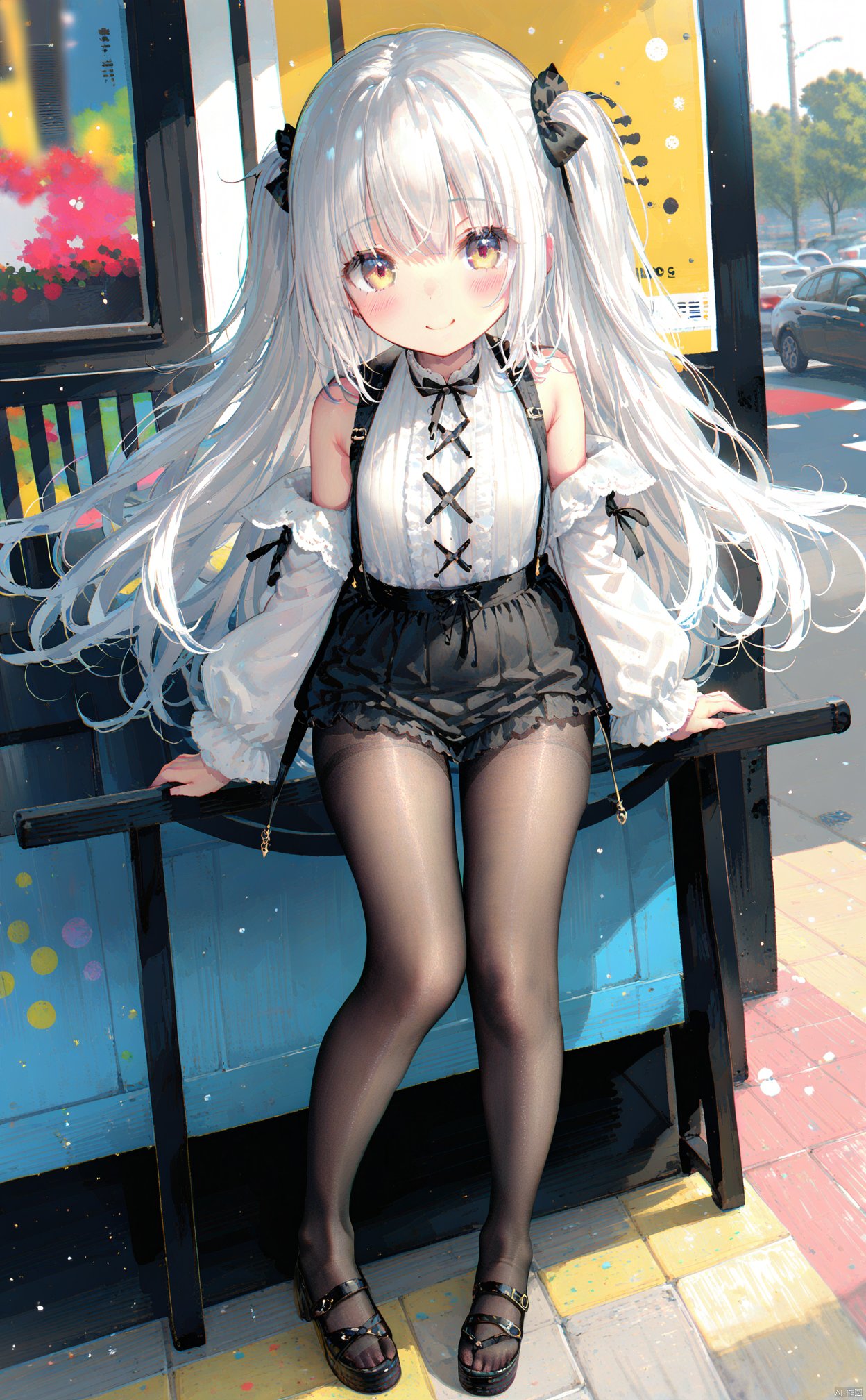 (masterpiece), (best quality), illustration, ultra detailed, hdr, depth of field, (colorful),1girl, solo, looking at viewer, blush, smile, long hair,loli,pantyhose,full body,white hair