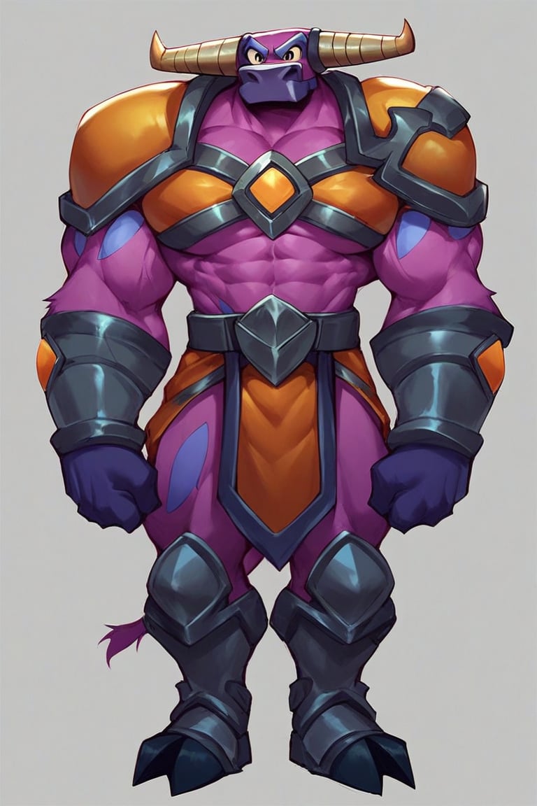 score_9, score_8_up,score_7_up, anime origin, demon bull king, Purple fur, Iron jaw, armor, In good physical shape, full body,Standing facing viewer,front view,