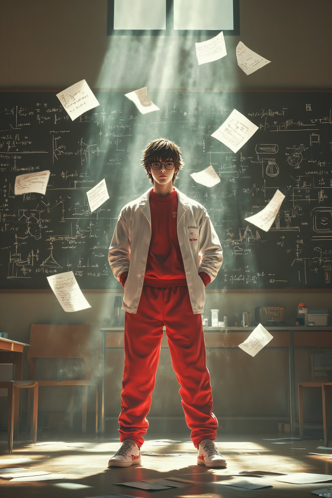 A young man in a red tracksuit and white lab coat stands confidently in the center of a classroom , Papers are floating in the air around him , illuminated by beams of sunlight streaming through the window , adding a dramatic and dynamic effect , Behind him is a blackboard filled with chemical formulas and lab equipment sketches suggesting a scientific or academic setting , highlighting themes of integrity and bravery , His posture is firm and determined , symbolizing inner strength and confidence , The scene combines elements of science , determination , and action , Hyper-realistic digital art , dynamic lighting , focus on character , cinematic composition detailed background , 32k UHD  