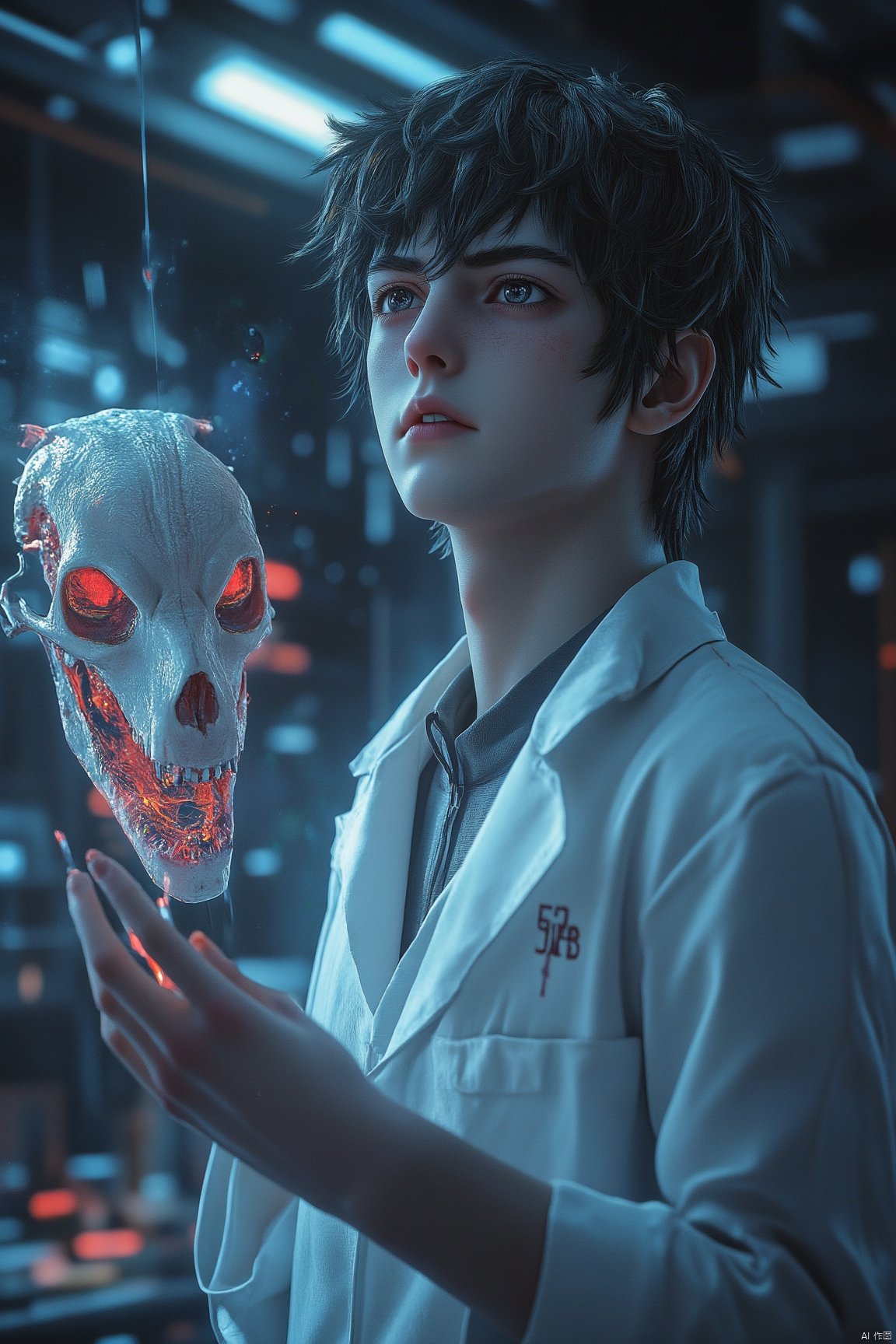 serpent demon skull, a young man, eager eyes filled with curiosity, professional dissection tools, dimly lit laboratory, gross anatomy style, dusk, intense overhead lighting isolated on subject,  photo-realistic, depth of field control, focus on subject details and background environment, people photography, artistic rendering, vivid colors, exquisite details, high resolution, super details, photorealistic rendering, soft natural light, rich details, natural look, super realism, 32k uhd