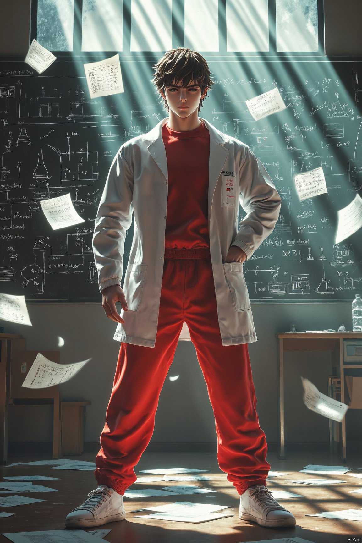 A young man in a red tracksuit and white lab coat stands confidently in the center of a classroom , Papers are floating in the air around him , illuminated by beams of sunlight streaming through the window , adding a dramatic and dynamic effect , Behind him is a blackboard filled with chemical formulas and lab equipment sketches suggesting a scientific or academic setting , highlighting themes of integrity and bravery , His posture is firm and determined , symbolizing inner strength and confidence , The scene combines elements of science , determination , and action , Hyper-realistic digital art , dynamic lighting , focus on character , cinematic composition detailed background , 32k UHD  