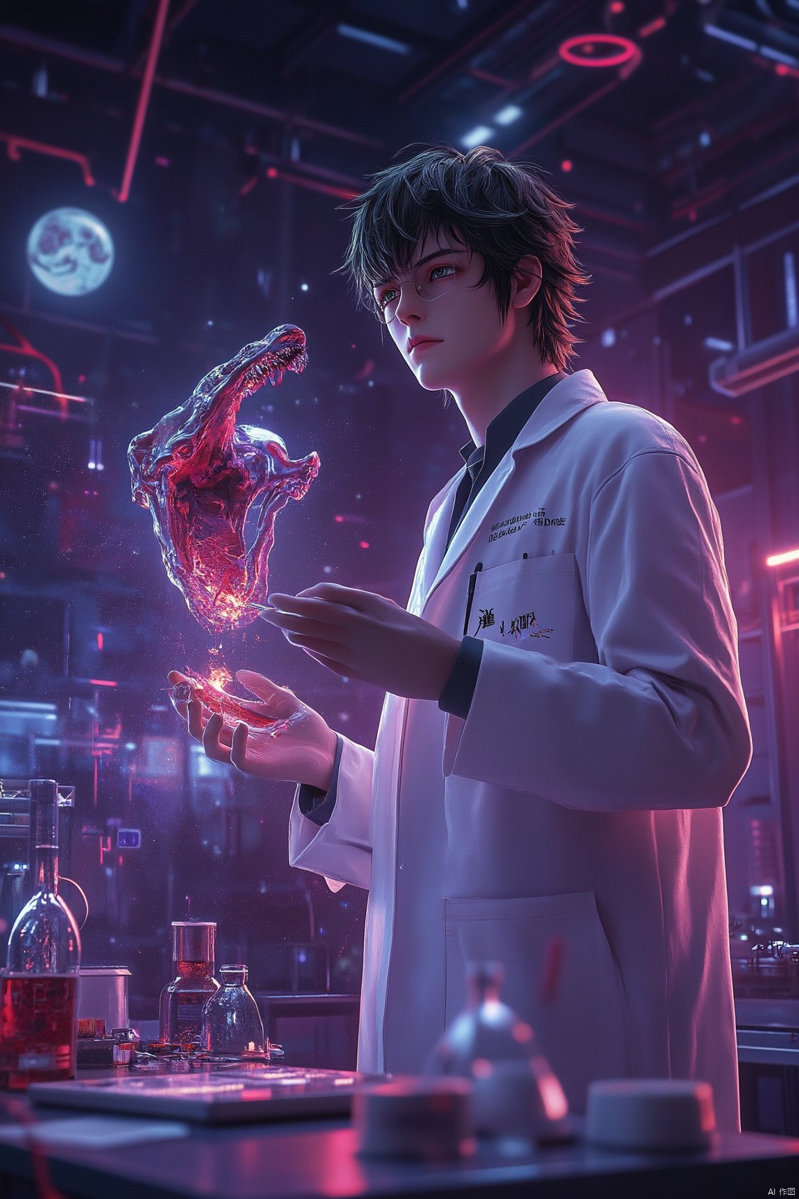 serpent demon skull, a young man, eager eyes filled with curiosity, professional dissection tools, dimly lit laboratory, gross anatomy style, dusk, intense overhead lighting isolated on subject,  photo-realistic, depth of field control, focus on subject details and background environment, people photography, artistic rendering, vivid colors, exquisite details, high resolution, super details, photorealistic rendering, soft natural light, rich details, natural look, super realism, 32k uhd