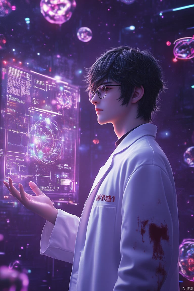 A young man with black short hair, wearing glasses and a stained white lab coat, stands in a futuristic sci-fi environment. His calm and focused expression evokes a cold yet rational scientist. The background features a deep purple starry universe with floating technological elements like molecular structures, equations, and data. He holds one hand slightly open, controlling a holographic interface. The scene has a surreal, digital atmosphere with high-tech elements blending science and futuristic themes. Soft, cinematic lighting highlights the man and floating objects, emphasizing his intellectual power. Hyper-realistic, digital art with vibrant colors and detailed rendering in 32k UHD. Dynamic Angle,Dynamic posture,