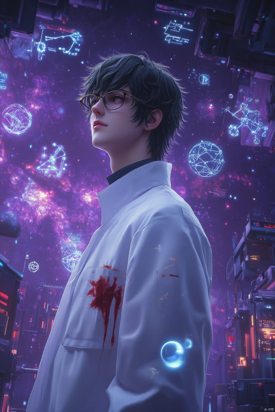 A young man with black short hair, wearing glasses and a stained white lab coat, stands in a futuristic sci-fi environment. His calm and focused expression evokes a cold yet rational scientist. The background features a deep purple starry universe with floating technological elements like molecular structures, equations, and data.   The scene has a surreal, digital atmosphere with high-tech elements blending science and futuristic themes. Soft, cinematic lighting highlights the man and floating objects, emphasizing his intellectual power. Hyper-realistic, digital art with vibrant colors and detailed rendering in 32k UHD. Dynamic Angle,Dynamic posture,