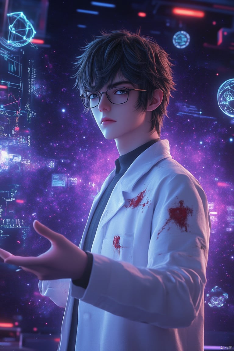 A young man with black short hair, wearing glasses and a stained white lab coat, stands in a futuristic sci-fi environment. His calm and focused expression evokes a cold yet rational scientist. The background features a deep purple starry universe with floating technological elements like molecular structures, equations, and data. He holds one hand slightly open, controlling a holographic interface. The scene has a surreal, digital atmosphere with high-tech elements blending science and futuristic themes. Soft, cinematic lighting highlights the man and floating objects, emphasizing his intellectual power. Hyper-realistic, digital art with vibrant colors and detailed rendering in 32k UHD.