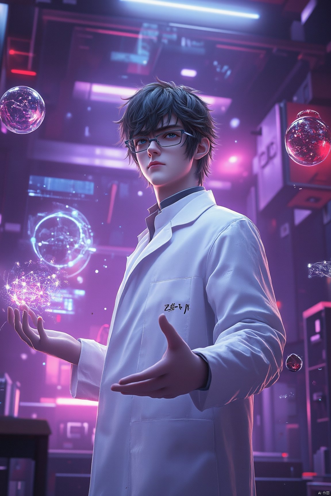 A young man with black short hair wearing glasses and a white lab coat stained stands in a futuristic , sci-fi environment , His expression is calm and focused , evoking the persona of a cold yet rational scientist , Standing confidently in the middle of the classroom , creating a sense of advanced technology and mystery , He holds one hand slightly open as if controlling a holographic interface , The scene conveys a surreal , digital atmosphere with high-tech elements blending science and futuristic themes , The lighting is soft but highlights the man and the floating objects around him , creating a visual emphasis on the character's intellectual power , Hyper-realistic , digital art , cinematic lighting , vibrant colors , detailed rendering , 32k UHD 