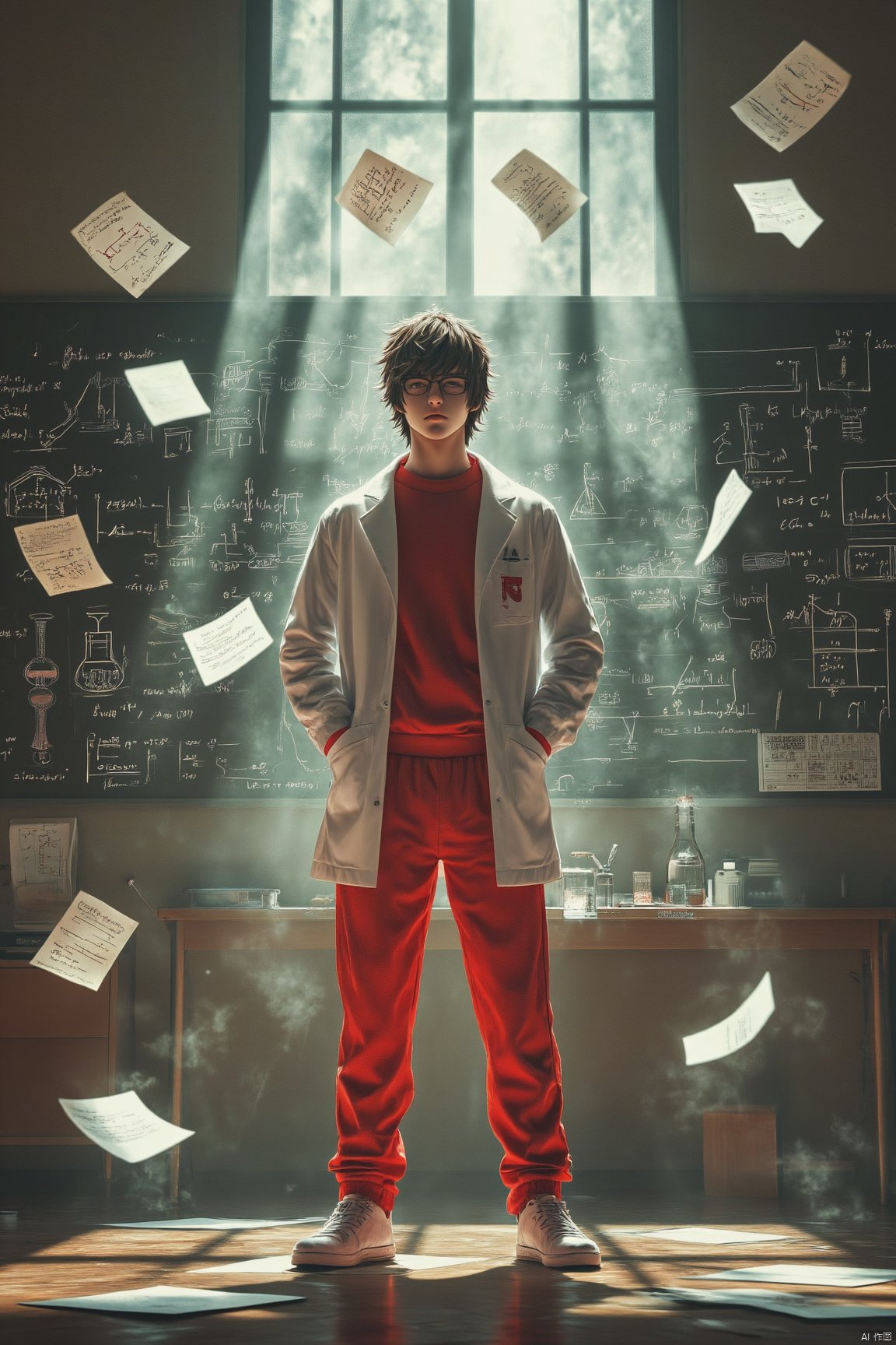 A young man in a red tracksuit and white lab coat stands confidently in the center of a classroom , Papers are floating in the air around him , illuminated by beams of sunlight streaming through the window , adding a dramatic and dynamic effect , Behind him is a blackboard filled with chemical formulas and lab equipment sketches suggesting a scientific or academic setting , highlighting themes of integrity and bravery , His posture is firm and determined , symbolizing inner strength and confidence , The scene combines elements of science , determination , and action , Hyper-realistic digital art , dynamic lighting , focus on character , cinematic composition detailed background , 32k UHD  