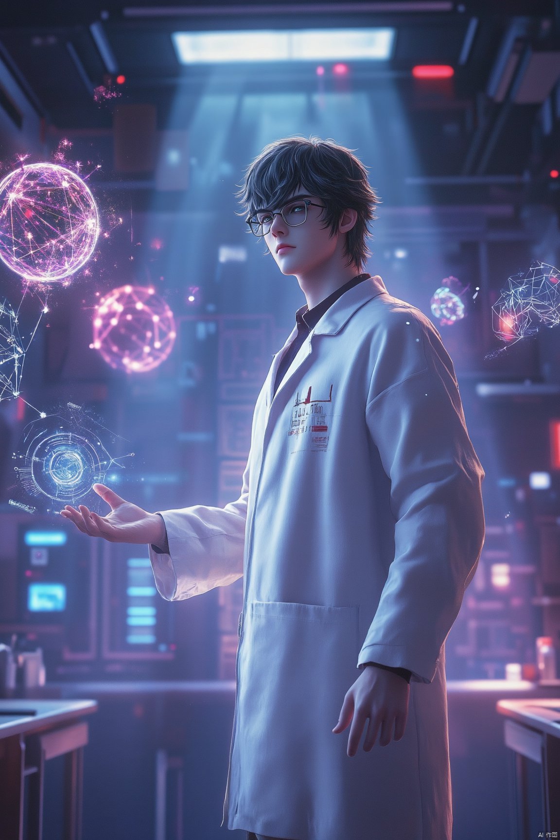 A young man with black short hair wearing glasses and a white lab coat stained stands in a futuristic , sci-fi environment , His expression is calm and focused , evoking the persona of a cold yet rational scientist , Standing confidently in the middle of the classroom , creating a sense of advanced technology and mystery , He holds one hand slightly open as if controlling a holographic interface , The scene conveys a surreal , digital atmosphere with high-tech elements blending science and futuristic themes , The lighting is soft but highlights the man and the floating objects around him , creating a visual emphasis on the character's intellectual power , Hyper-realistic , digital art , cinematic lighting , vibrant colors , detailed rendering , 32k UHD 