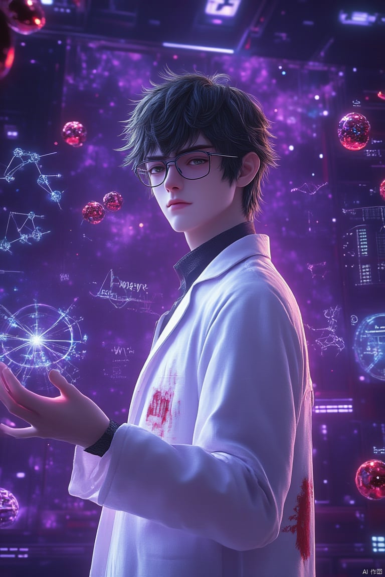 A young man with black short hair, wearing glasses and a stained white lab coat, stands in a futuristic sci-fi environment. His calm and focused expression evokes a cold yet rational scientist. The background features a deep purple starry universe with floating technological elements like molecular structures, equations, and data. He holds one hand slightly open, controlling a holographic interface. The scene has a surreal, digital atmosphere with high-tech elements blending science and futuristic themes. Soft, cinematic lighting highlights the man and floating objects, emphasizing his intellectual power. Hyper-realistic, digital art with vibrant colors and detailed rendering in 32k UHD.