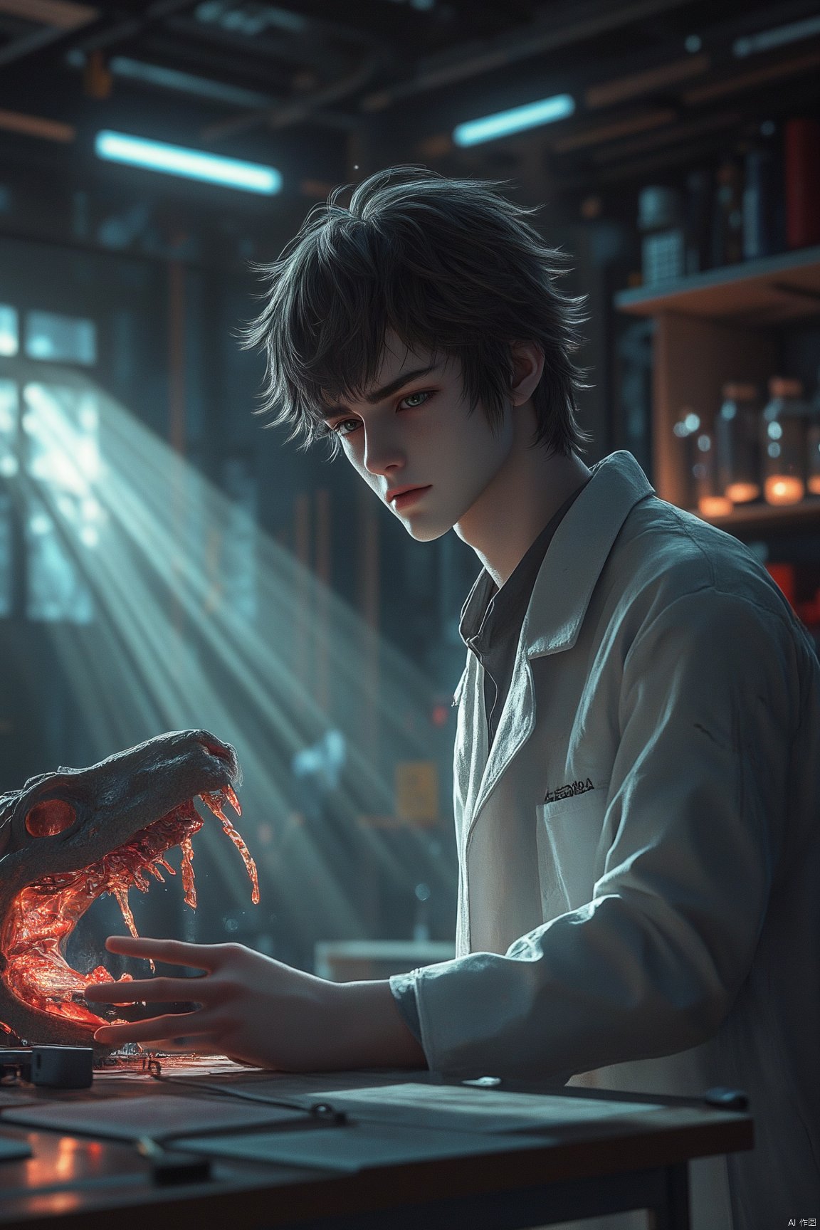 serpent demon skull, a young man, eager eyes filled with curiosity, professional dissection tools, dimly lit laboratory, gross anatomy style, dusk, intense overhead lighting isolated on subject,  photo-realistic, depth of field control, focus on subject details and background environment, people photography, artistic rendering, vivid colors, exquisite details, high resolution, super details, photorealistic rendering, soft natural light, rich details, natural look, super realism, 32k uhd