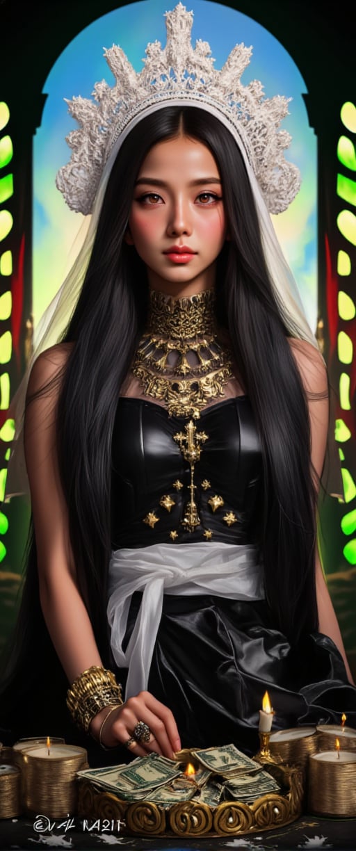 a vibrant depiction of a woman with long black hair, a white headdress adorned with a white cross, and a white crown. She is dressed in a black dress adorned with gold bracelets and a black belt. Her hands are adorned with golden bracelets, adding a touch of charm to her outfit. The woman's face is adorned with yellow eyes, and her hair cascades over her shoulders. She stands in front of a table, adorned with stacks of money and a few candles. The background is a mix of blue and green lights, creating a vibrant contrast to the scene.,ct-fantasitity, ct-visual_v4,ct-bratz