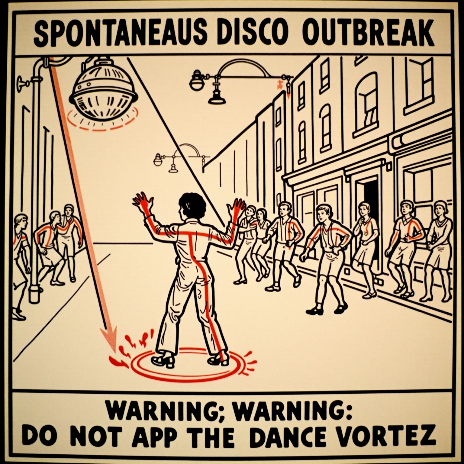 lktro A retro-style public safety warning poster depicting the dangers of spontaneous disco outbreaks in a crowded city street scene, as a giant, flashing disco ball hovers menacingly above the pavement, emitting intense, pulsing light beams. A lone figure, clad in iconic 1970s disco attire, complete with afro and platform shoes, stands at the edge of a swirling dance vortex, about to be sucked in by the irresistible beat, while surrounding pedestrians are already succumbing to the infectious rhythm. The central figure is encircled by a vibrant, warning red aura, accompanied by dynamic, bold lines radiating outward, cautioning against the dangers of the dance vortex. In the background, city dwellers in various states of disco-induced frenzy dance wildly, oblivious to the perils around them. The entire scene is set against a stylized, flat perspective, rendered in a simplified, high-contrast style reminiscent of early 20th-century safety posters, complete with thick black lines, bold red accents, and stylized, distressed textures that evoke a nostalgic, retro aesthetic. In bold, sans-serif font, the prominent warning labels "Danger: Spontaneous Disco Outbreak" and "Warning: Do Not Approach the Dance Vortex" are emblazoned across the image, serving as a cautionary notice to the viewer.