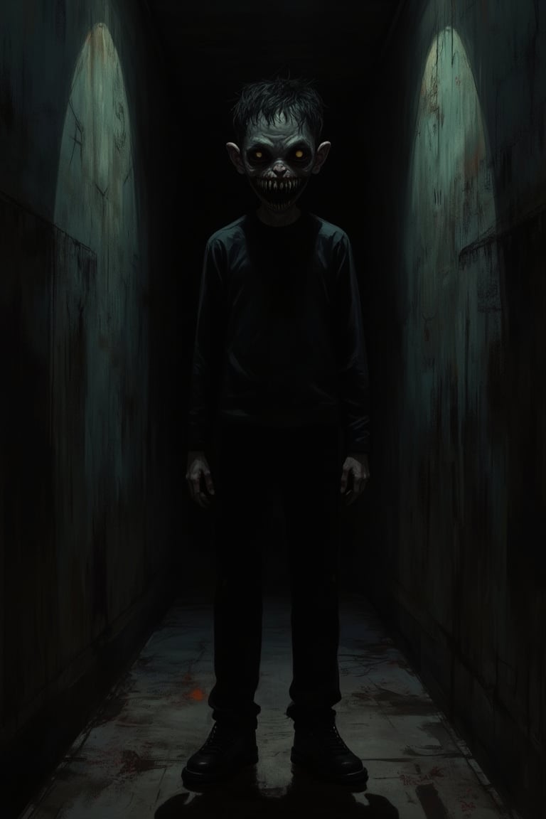 A Junji Ito-style illustration of a creepy boy standing in a dimly lit hallway, his sharp teeth bared in a sinister grin. The lighting casts eerie shadows, emphasizing his unsettling presence. The composition is tight, focusing on his face and the elongated shadow behind him. The hallway is narrow and claustrophobic, adding to the tension. His posture is tense, ready to pounce, with a dark, oppressive atmosphere.