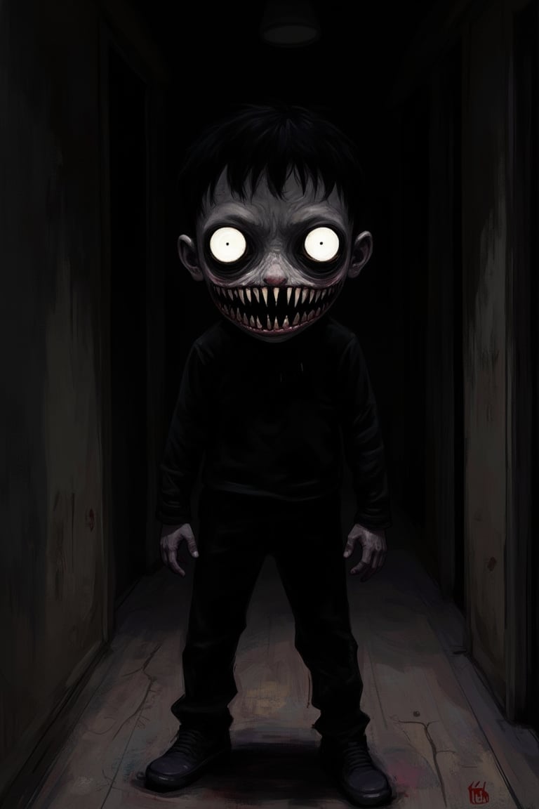 A Junji Ito-style illustration of a creepy boy standing in a dimly lit hallway, his sharp teeth bared in a sinister grin. The lighting casts eerie shadows, emphasizing his unsettling presence. The composition is tight, focusing on his face and the elongated shadow behind him. The hallway is narrow and claustrophobic, adding to the tension. His posture is tense, ready to pounce, with a dark, oppressive atmosphere.