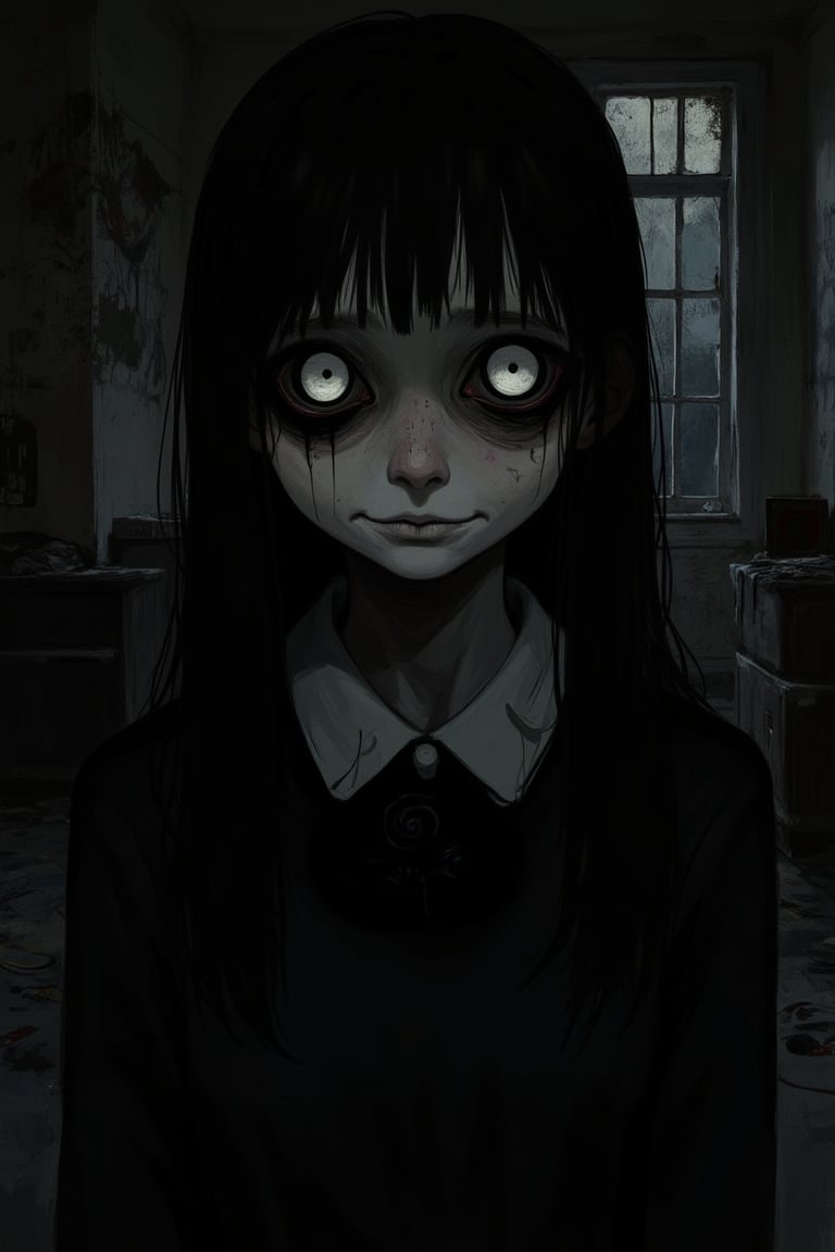 A Junji Ito-inspired illustration of a mysterious smiling girl, eerie lighting casting long shadows, her expression unsettling and enigmatic, framed in a close-up shot. The composition is tight, focusing on her face, with a surreal, dark background hinting at a twisted reality. Her posture is slightly askew, adding to the unnerving atmosphere, set in a dimly lit, abandoned room.