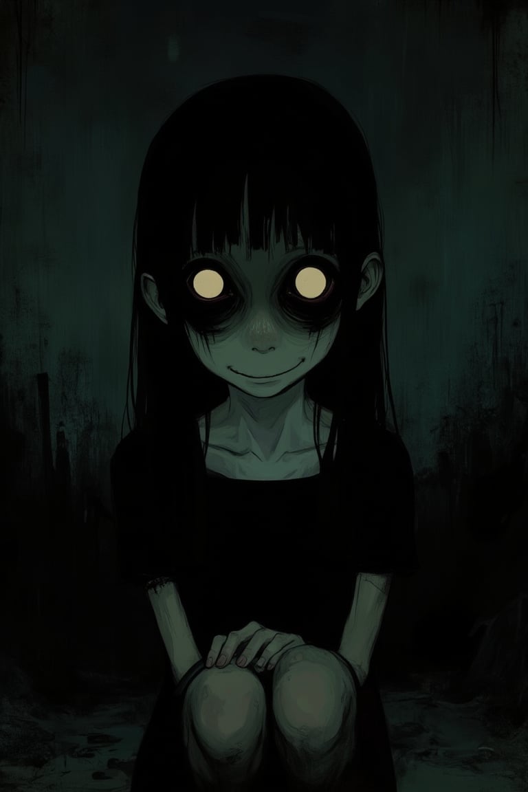 A Junji Ito-inspired illustration of a mysterious smiling girl, eerie lighting casting long shadows, her expression unsettling and enigmatic, framed in a close-up shot. The composition is tight, focusing on her face, with a surreal, dark background hinting at a twisted reality. Her posture is slightly askew, adding to the unnerving atmosphere, set in a dimly lit, abandoned room.