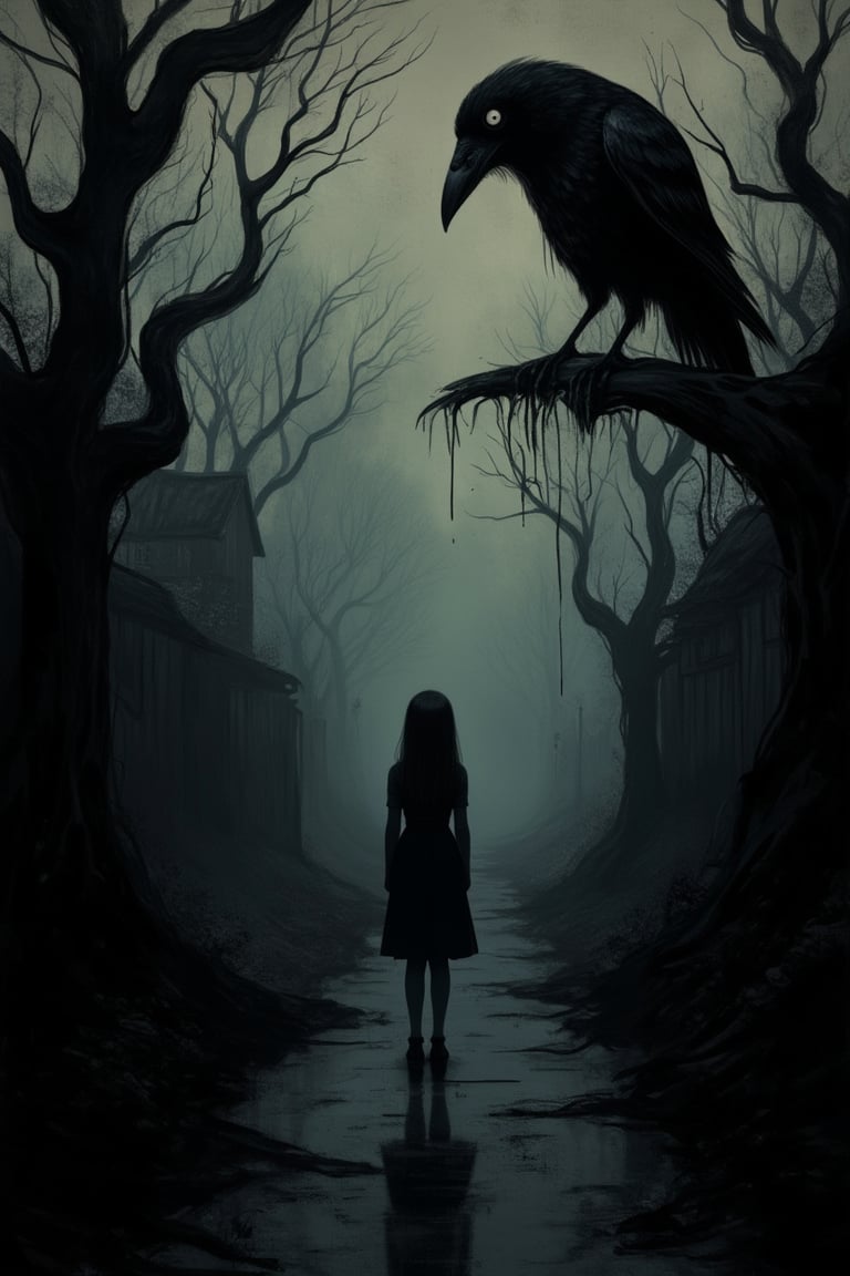 A Junji Ito-inspired scene of an eerie raven perched ominously on a tree branch, watching a girl walking down a shadowy pathway in the countryside. The lighting is dim, casting long, haunting shadows. The composition is balanced, with the girl in the foreground and the raven in the background, creating a sense of foreboding. The pathway is narrow and winding, surrounded by twisted trees and a foggy atmosphere. The girl's posture is tense, as if sensing the raven's malevolent gaze.