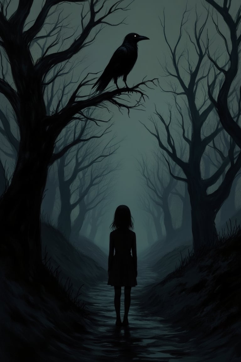 A Junji Ito-inspired scene of an eerie raven perched ominously on a tree branch, watching a girl walking down a shadowy pathway in the countryside. The lighting is dim, casting long, haunting shadows. The composition is balanced, with the girl in the foreground and the raven in the background, creating a sense of foreboding. The pathway is narrow and winding, surrounded by twisted trees and a foggy atmosphere. The girl's posture is tense, as if sensing the raven's malevolent gaze.