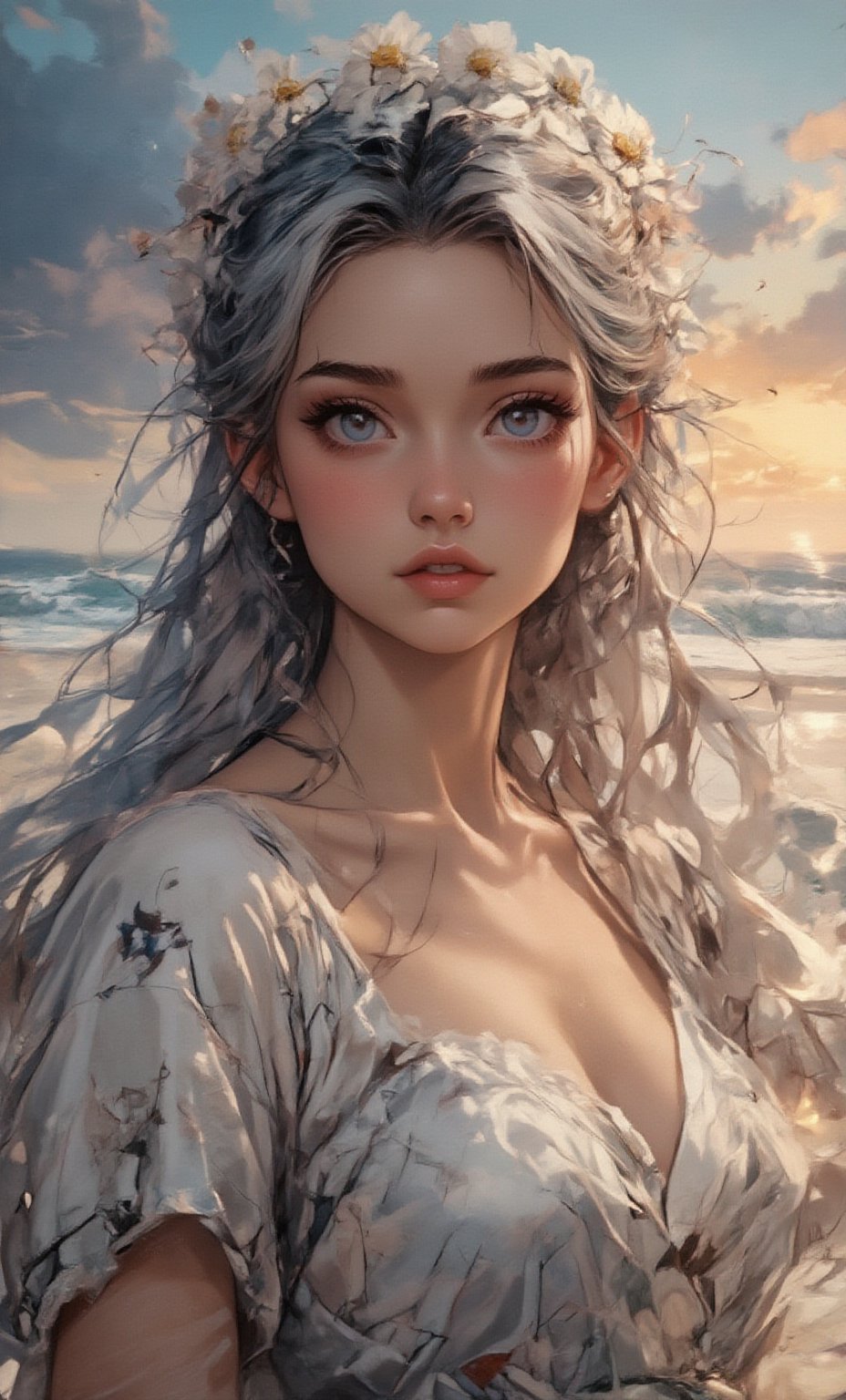 A serene woman with deep blue eyes and long, flowing hair decorated with a crown of daisies. She is dressed in a simple, white cotton dress. The background shows a blurred beach scene with gentle waves and a golden sunset.,Shinobu_RT_flux