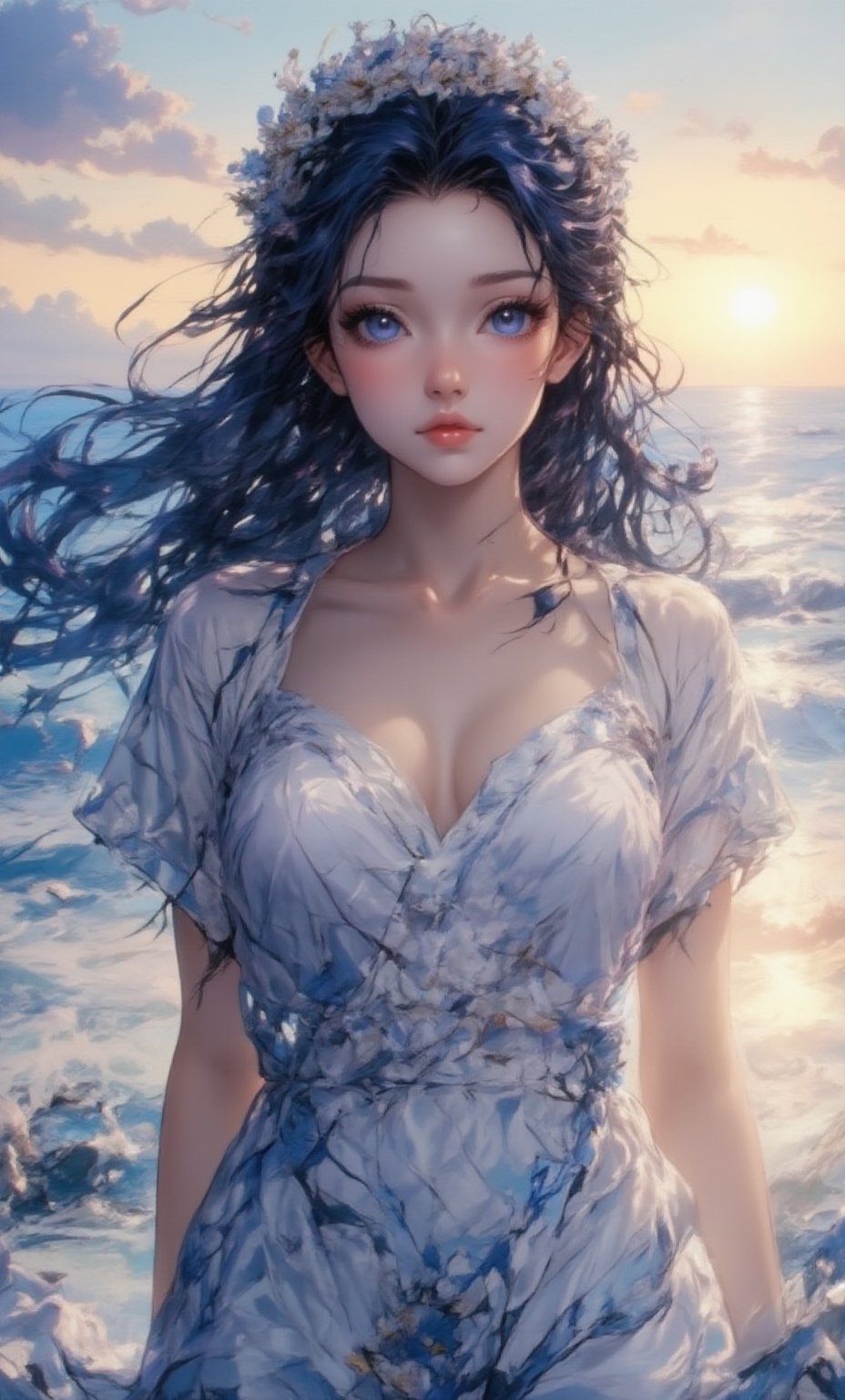 A serene woman with deep blue eyes and long, flowing hair decorated with a crown of daisies. She is dressed in a simple, white cotton dress. The background shows a blurred beach scene with gentle waves and a golden sunset.,Shinobu_RT_flux