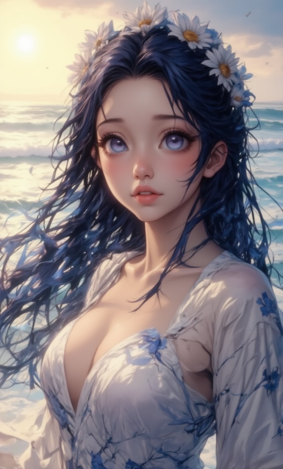 A serene woman with deep blue eyes and long, flowing hair decorated with a crown of daisies. She is dressed in a simple, white cotton dress. The background shows a blurred beach scene with gentle waves and a golden sunset.,Shinobu_RT_flux