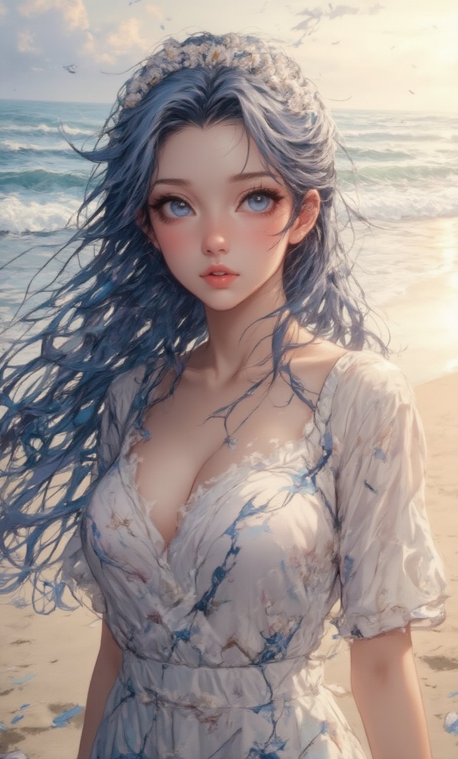 A serene woman with deep blue eyes and long, flowing hair decorated with a crown of daisies. She is dressed in a simple, white cotton dress. The background shows a blurred beach scene with gentle waves and a golden sunset.,Shinobu_RT_flux