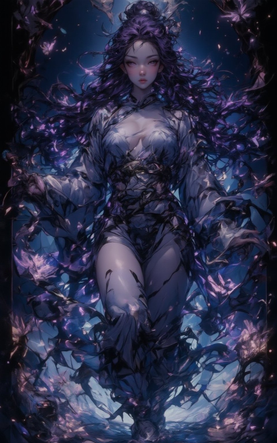 In a dark background featuring abstract shapes, a young Chinese woman stands on one leg, exuding confidence and power. Her long, thick wavy hair cascades down her back like a waterfall of black silk. Her pale white skin glows with an otherworldly aura, accentuating the perfect anatomy of her hourglass figure. Her eyes, like two shimmering stars, seem to pierce through the darkness, inviting the viewer into their depths. Adorned in a stunning Japanese kimono, with intricate designs and fluttering black and purple butterflies, she embodies the essence of a shinobi warrior. One hand grasps the hilt of her katana sword, while the other holds a ninja star, symbolizing her readiness to strike at any moment. Her bust is full and voluptuous, accentuated by the curves of her kimono. In a dynamic pose that seems frozen in time, she embodies the spirit of shinobu flux, a warrior who embodies both agility and stealth. The high contrast between light and darkness creates an intense visual experience, drawing the viewer's gaze into the heart of the image. Her purple hair is adorned with decorations that seem to pulse with energy, as if infused with the power of the ancient art of ninjutsu. In this extreme detailed 8K masterpiece, she embodies the perfect blend of beauty and ferocity.,Shinobu_RT_flux,Anime style,Manga style 