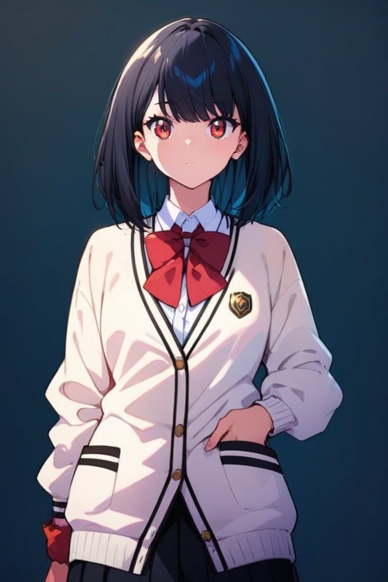 score_9, score_8_up,score_7_up, source_anime, 1girl, , solo,RikkaSSSGridman,white cardigan with black lines,bangs,lack mini shirt,red neck bow,white shirt,medium hair