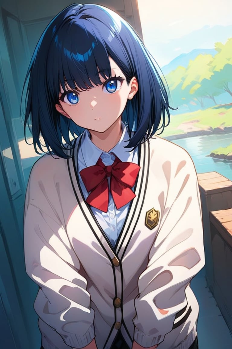 score_9, score_8_up,score_7_up, source_anime, 1girl, , solo,RikkaSSSGridman,white cardigan with black lines,bangs,lack mini shirt,red neck bow,white shirt,medium hair, blue eyes,