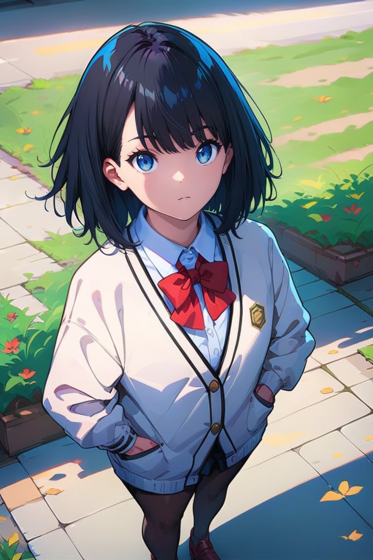 score_9, score_8_up,score_7_up, source_anime, 1girl, , solo,RikkaSSSGridman,white cardigan with black lines,bangs,lack shirt,red neck bow,white shirt,medium hair, blue eyes, black hair, from above, full body, outdoors, school,